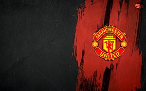 Manchester United Grunge Logo Wallpaper With Red Brushstroke Background HD wallpaper