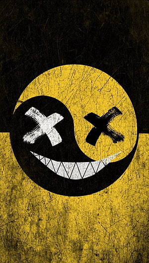 Grim Grinning Skull with Crossed Eyes on Distressed Yellow and Black Background HD phone wallpaper
