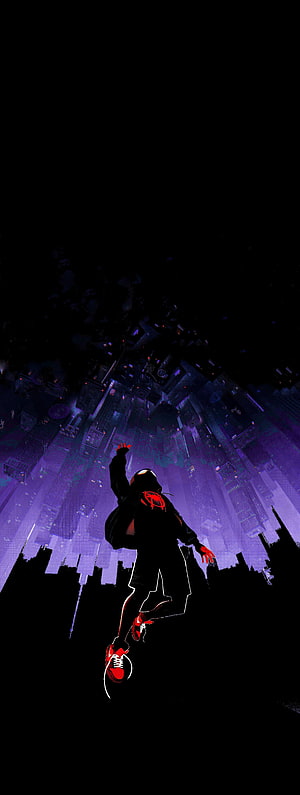 Miles Morales Spider-Man Leaping Over Neon Purple Cityscape, spider man amoled, #Spider HD phone wallpaper