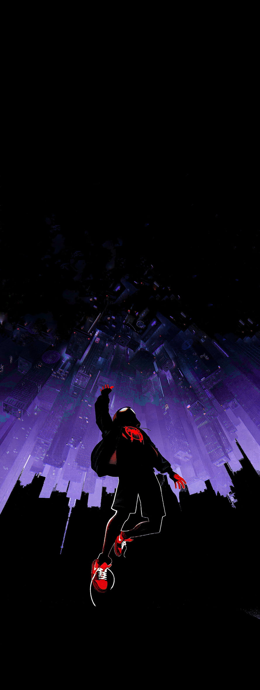 Miles Morales Spider-Man Leaping Over Neon Purple Cityscape, spider man amoled, #Spider HD phone wallpaper