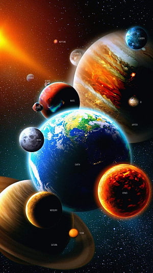 Labeled Solar System Planets and Moons in Deep Space HD phone wallpaper