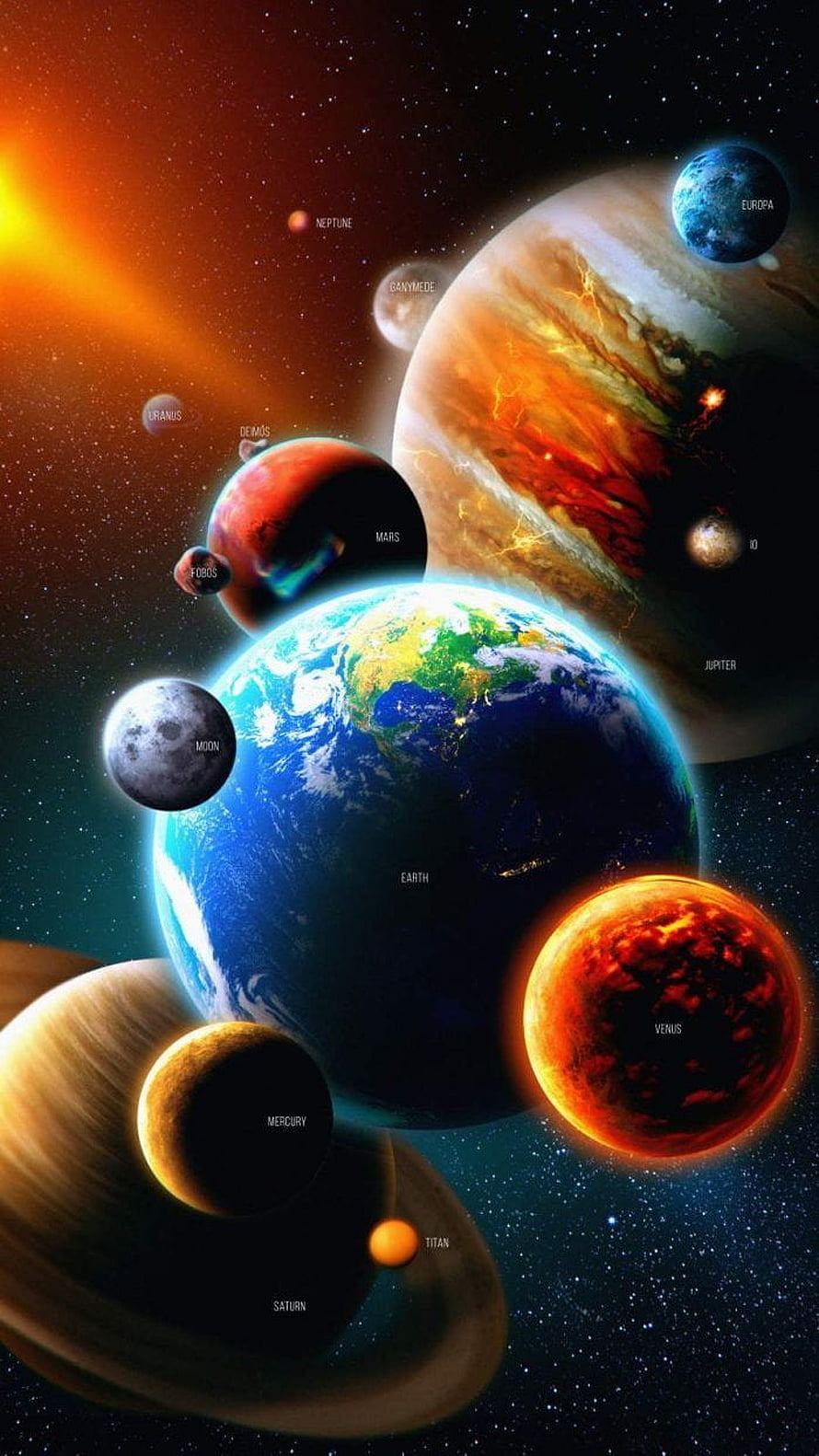 Labeled Solar System Planets and Moons in Deep Space HD phone wallpaper