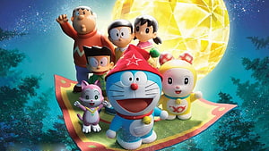 Doraemon and Friends Flying on a Magic Carpet Under a Giant Moon HD wallpaper
