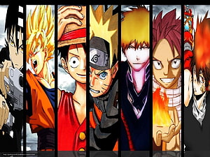 Shonen Anime Protagonist Collage Featuring Luffy, Goku, Naruto, Ichigo, and Natsu HD wallpaper