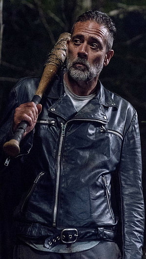 Negan from The Walking Dead in a black leather jacket holding a baseball bat HD phone wallpaper