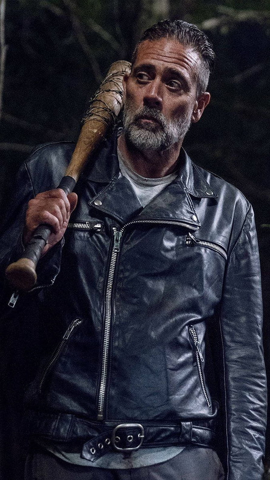 Negan from The Walking Dead in a black leather jacket holding a baseball bat HD phone wallpaper
