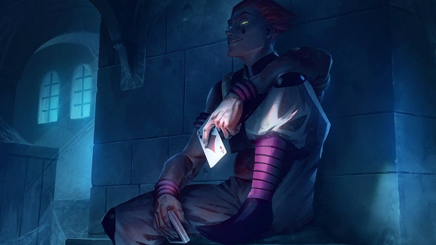 Hisoka Morow from Hunter x Hunter Sitting in a Dim Stone Cell Holding Playing Cards HD wallpaper