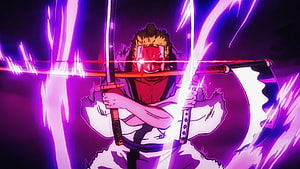 Giyu Tomioka wielding dual swords with purple aura in Demon Slayer anime style HD wallpaper