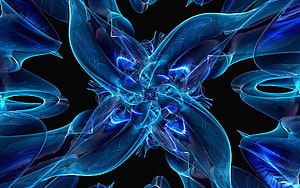 Glowing Blue Abstract Fractal Art with Symmetrical Organic Shapes on Black Background HD wallpaper