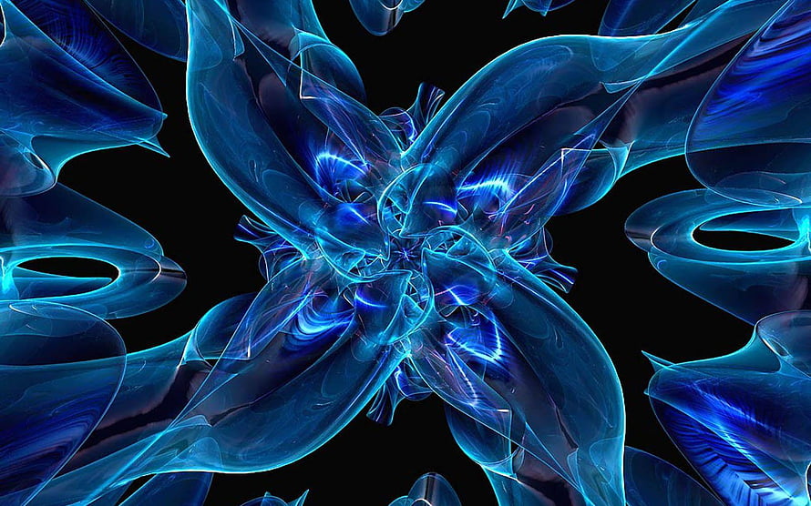 Glowing Blue Abstract Fractal Art with Symmetrical Organic Shapes on Black Background HD wallpaper
