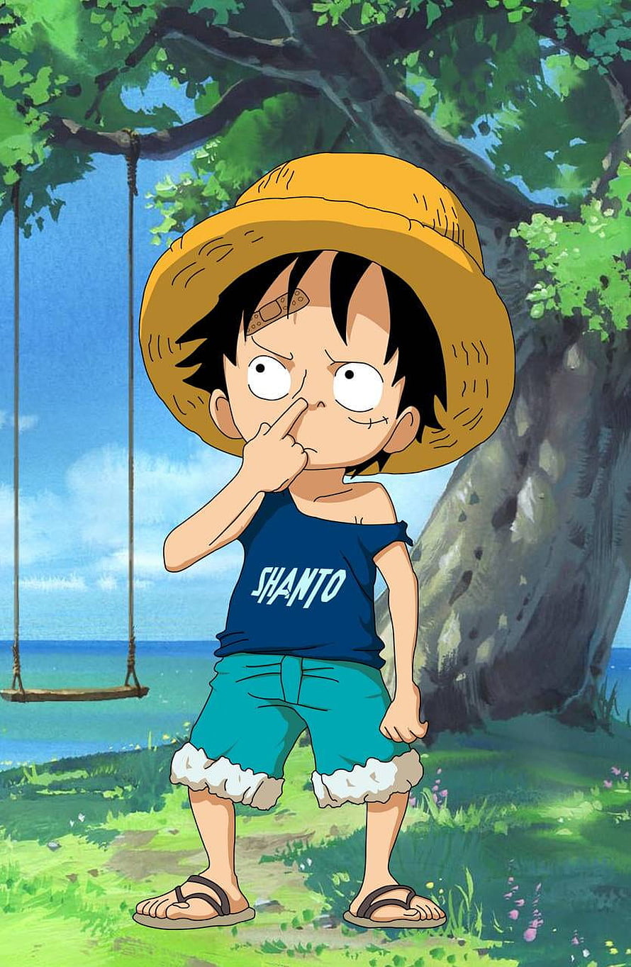 Young Luffy in Straw Hat and Shanto Shirt Under a Tree HD phone wallpaper