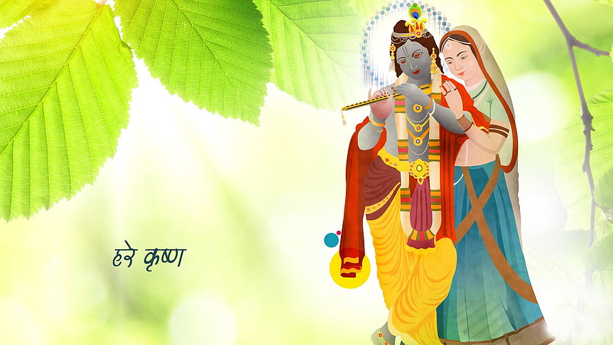 Krishna Playing Flute With Radha Under Green Leaves HD wallpaper