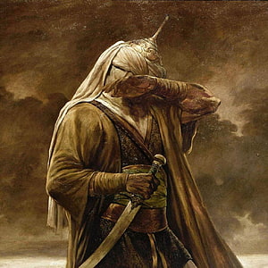 Fantasy warrior in ornate horned helmet and tattered robes holding a curved sword against a stormy sky HD phone wallpaper