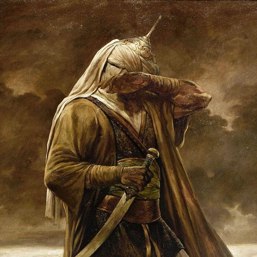Fantasy warrior in ornate horned helmet and tattered robes holding a curved sword against a stormy sky HD phone wallpaper