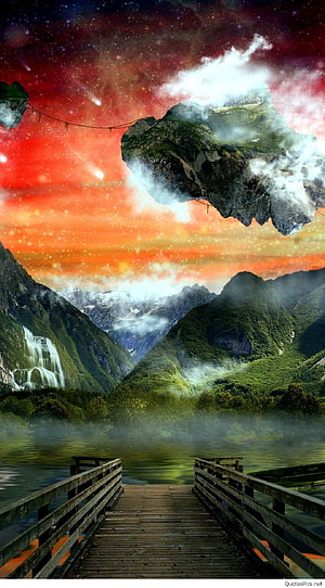 Surreal Floating Island Landscape with Wooden Dock and Starry Sky HD phone wallpaper