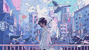 Anime Boy With Umbrella In Surreal Cityscape With Floating Fish HD wallpaper