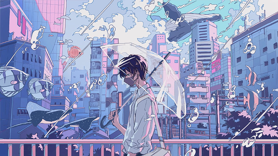 Anime Boy With Umbrella In Surreal Cityscape With Floating Fish HD wallpaper
