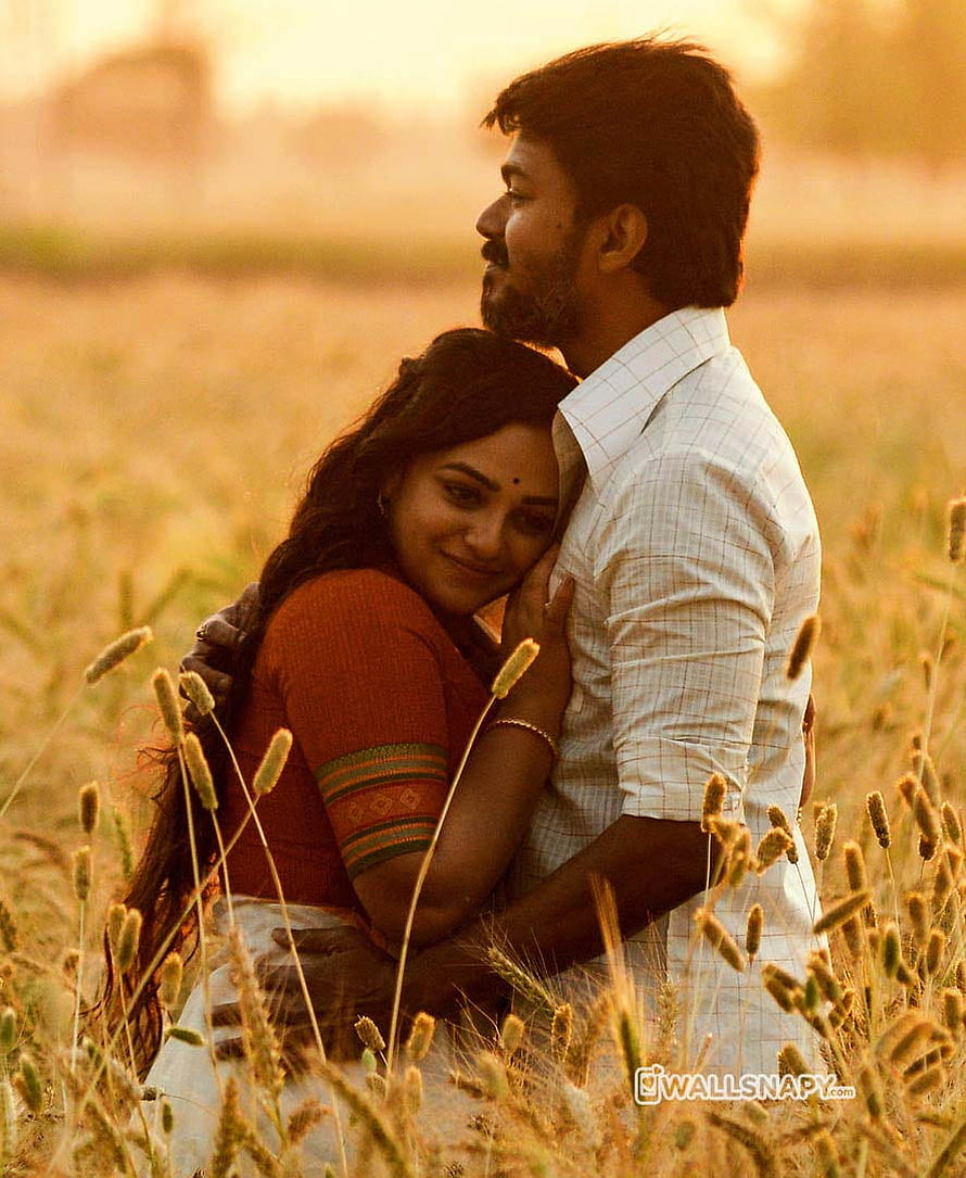Vijay and Nithya Menon Embracing in a Golden Wheat Field at Sunset HD phone wallpaper