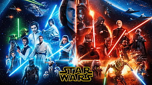 Star Wars Saga Poster Featuring Light and Dark Side Characters with Lightsabers HD wallpaper