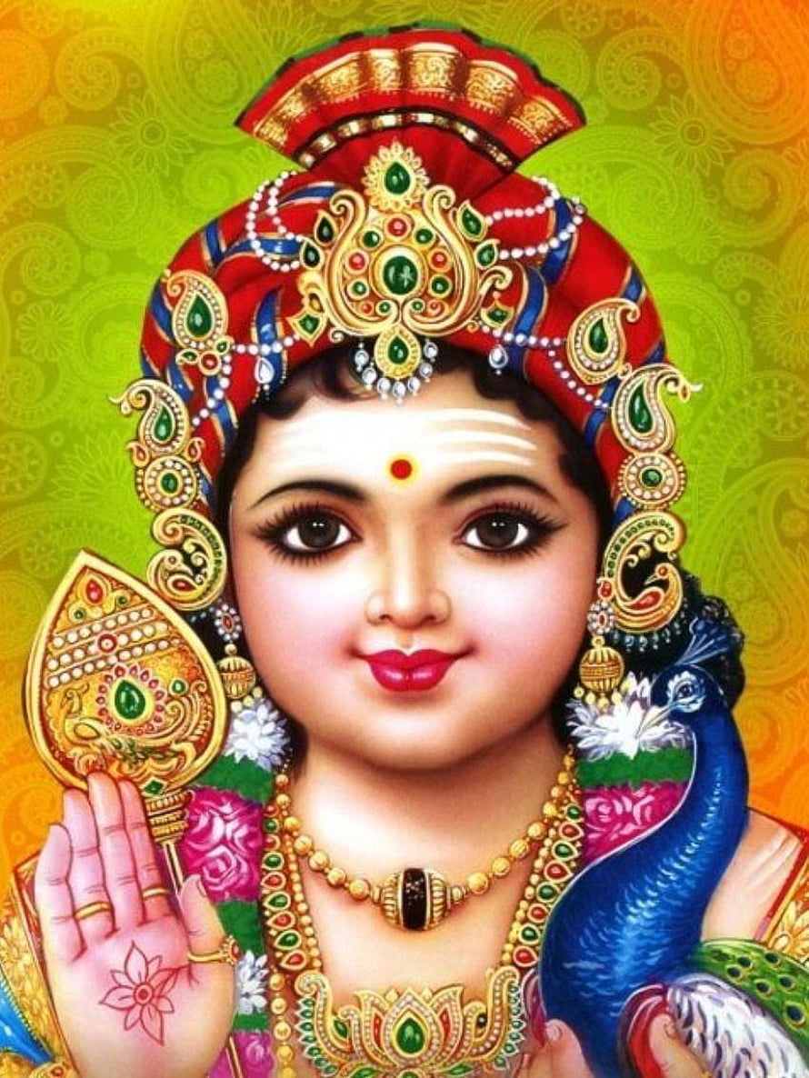 Murugan deity portrait with peacock and golden ornaments on green background HD phone wallpaper
