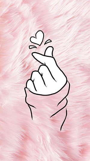 BTS Finger Heart Gesture on Soft Pink Furry Background HD phone wallpaper