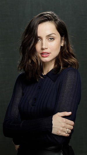 Ana de Armas Portrait in Navy Blue Ribbed Top HD phone wallpaper