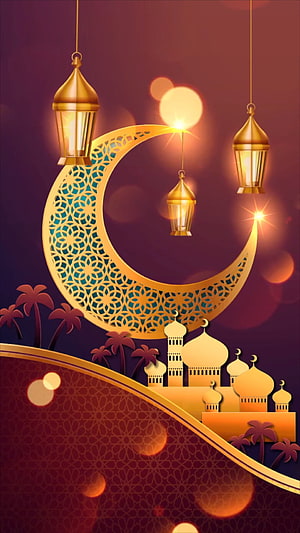 Elegant Ramadan Kareem Background With Golden Crescent Moon, Lanterns, Mosque Silhouette, and Palm Trees HD phone wallpaper