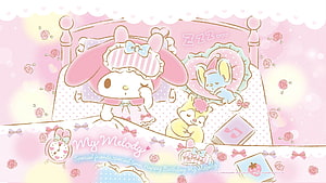 My Melody Sleeping in Bed with Friends Cute Kawaii Sanrio Character Wallpaper HD wallpaper