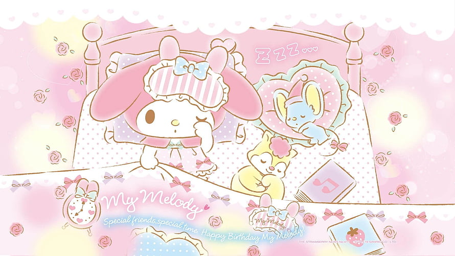 My Melody Sleeping in Bed with Friends Cute Kawaii Sanrio Character Wallpaper HD wallpaper