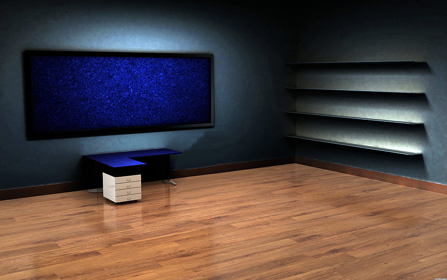 Modern Minimalist Office Interior With Wall-Mounted TV And Floating Shelves HD wallpaper