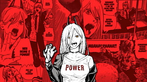 Power from Chainsaw Man anime character wearing white shirt with red text and black horns, Chainsaw Man HD wallpaper