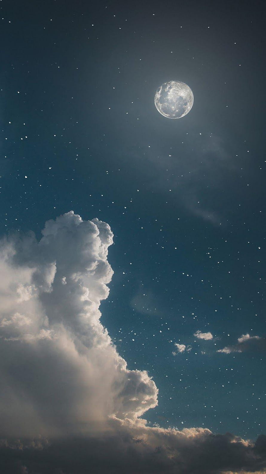 Full Moon Rising Over Towering Cumulus Clouds in a Starry Night Sky HD phone wallpaper