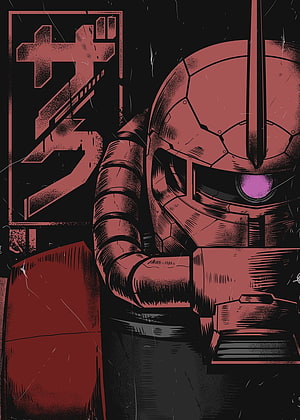 Zaku II Mobile Suit in Red and Black Manga Style with Purple Eye and Japanese Typography HD phone wallpaper