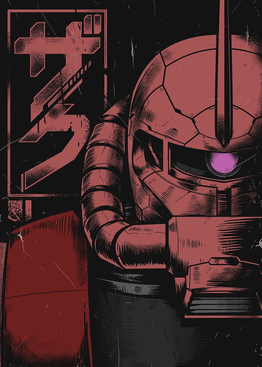 Zaku II Mobile Suit in Red and Black Manga Style with Purple Eye and Japanese Typography HD phone wallpaper
