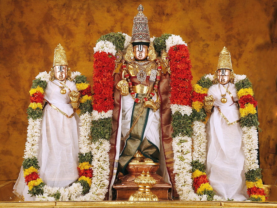 Sri Venkateswara Swamy Temple Deities Adorned in Traditional Garlands and Gold Ornamentation HD wallpaper