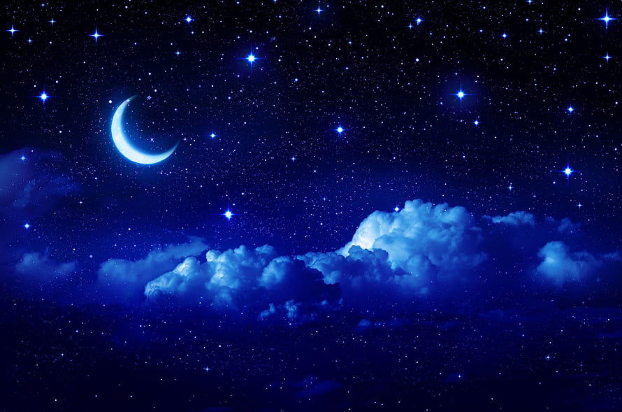 Crescent Moon and Glowing Clouds in a Deep Blue Starry Night Sky HD wallpaper