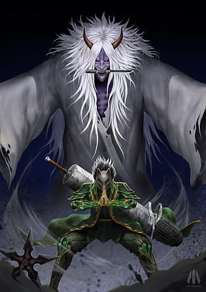 Izan and Shiki Fuujin Fantasy Warrior Illustration with Fox Mask and Giant Demon HD phone wallpaper
