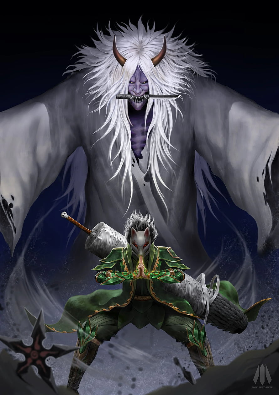 Izan and Shiki Fuujin Fantasy Warrior Illustration with Fox Mask and Giant Demon HD phone wallpaper