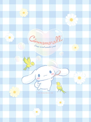 Cinnamoroll with Yellow Birds and Daisies on a Blue Gingham Background HD phone wallpaper