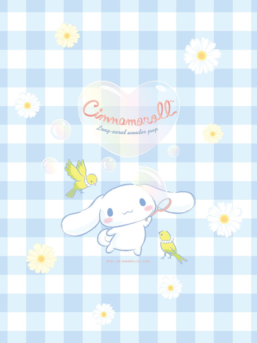 Cinnamoroll with Yellow Birds and Daisies on a Blue Gingham Background HD phone wallpaper