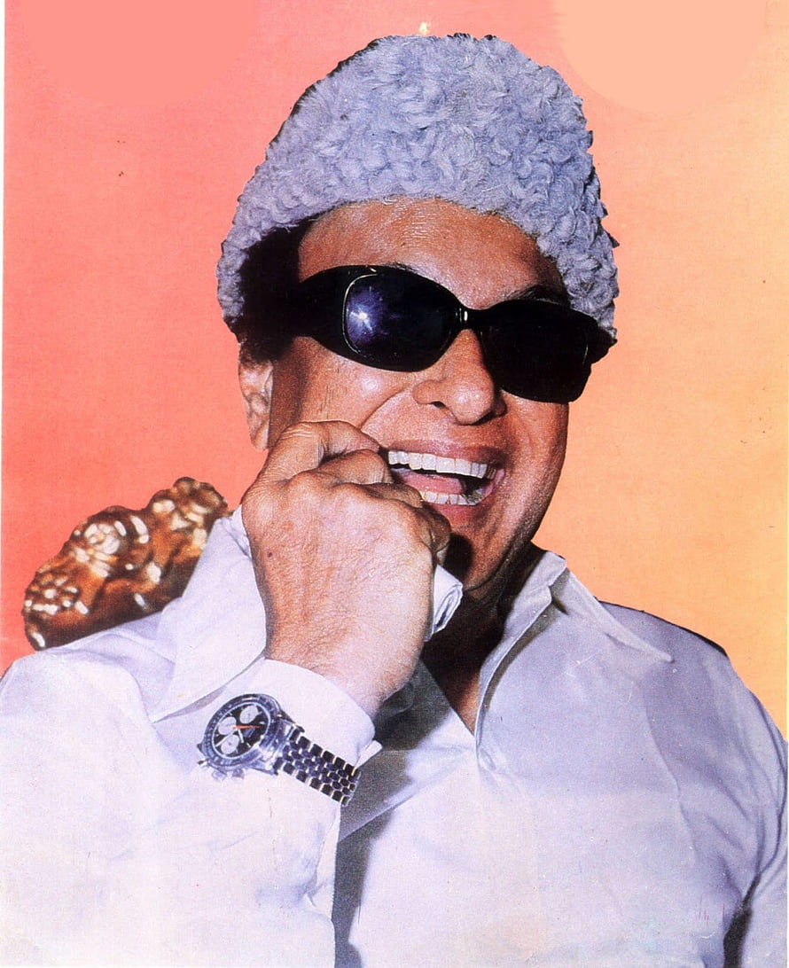 MGR Portrait in White Kurta with Fur Cap and Sunglasses HD phone wallpaper