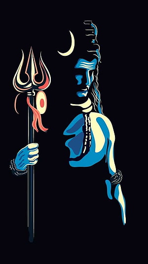Stylized Blue Lord Shiva Profile With Trishul And Crescent Moon Vector Art HD phone wallpaper
