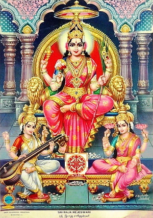 Sri Raja Rajeshwari Devi with Saraswati and Lakshmi in Traditional Indian Temple Art HD phone wallpaper