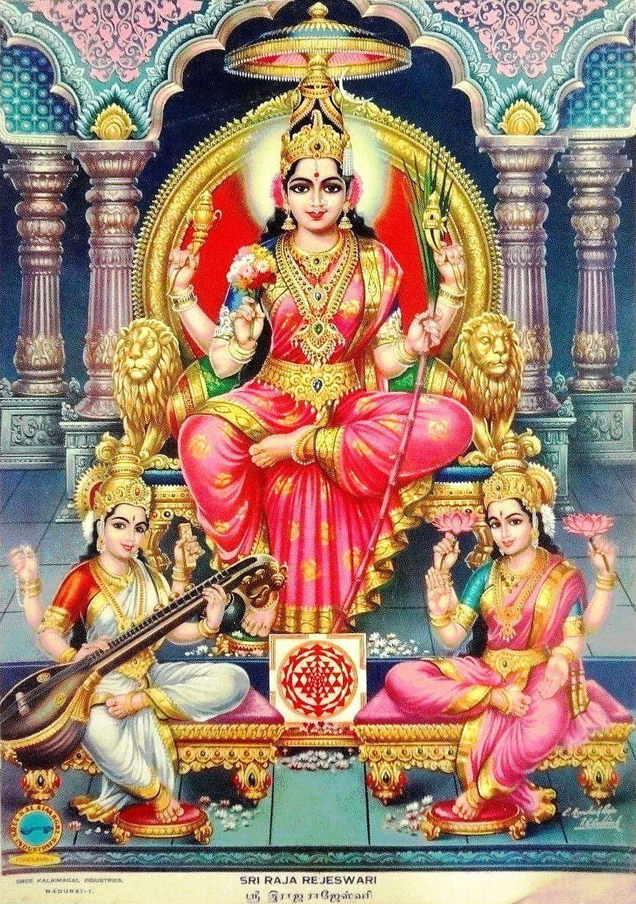 Sri Raja Rajeshwari Devi with Saraswati and Lakshmi in Traditional Indian Temple Art HD phone wallpaper