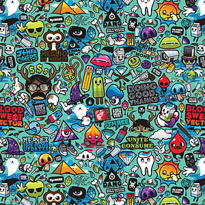 Colorful Doodle Pattern Wallpaper with Cartoon Characters and Slang Phrases HD phone wallpaper
