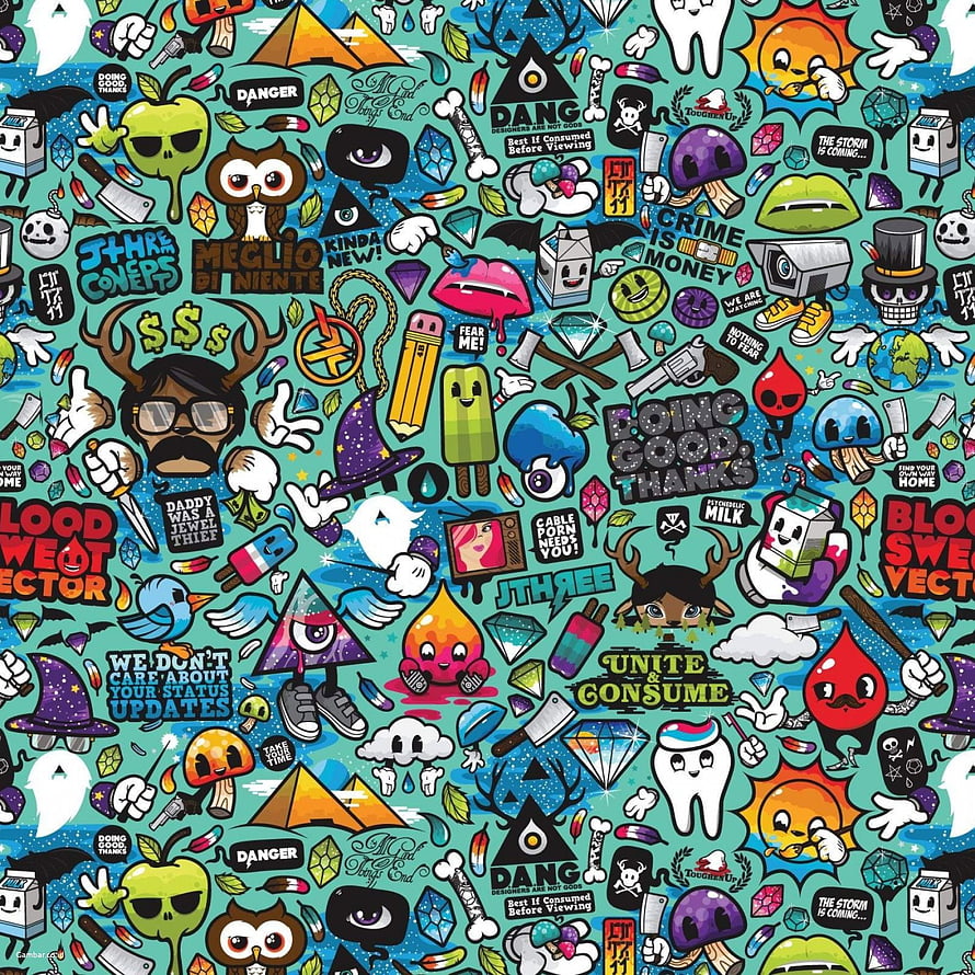 Colorful Doodle Pattern Wallpaper with Cartoon Characters and Slang Phrases HD phone wallpaper