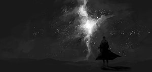 Silhouette of a lone figure in a long coat standing under a bright starry night sky with a glowing celestial beam HD wallpaper
