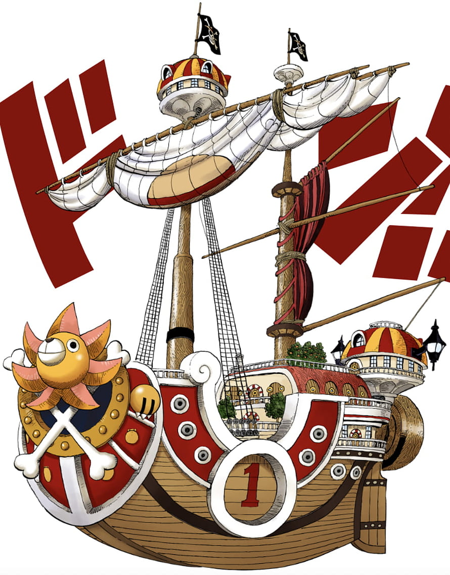 Thousand Sunny Pirate Ship from One Piece with Jolly Roger and Red Sails HD phone wallpaper