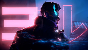 Cyberpunk Samurai Warrior with Neon Blue Glowing Eye and Pink Digital Background HD wallpaper