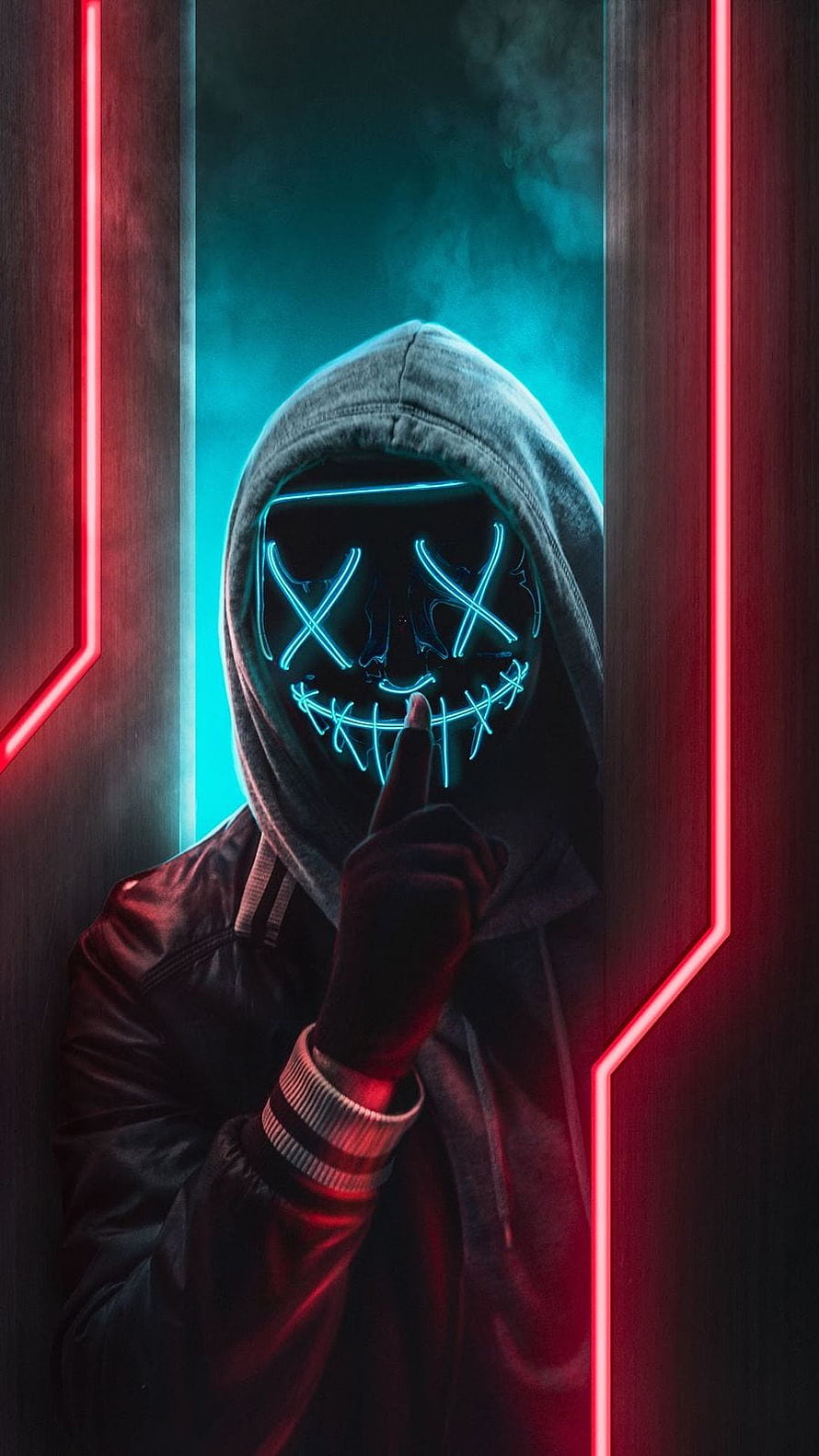 Hooded Figure Wearing Glowing Neon Mask with Shushing Gesture in Cyberpunk Setting HD phone wallpaper